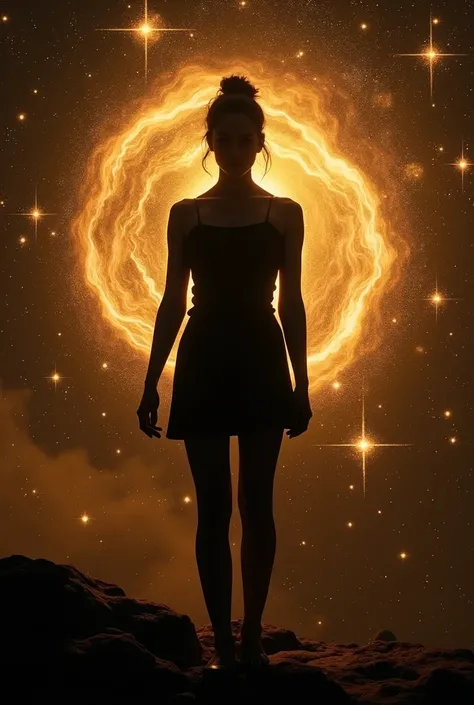 Front facing dark Silhouette of a short woman against a celestial background, my moon and stars, swirling golden lights and galactic beauty in the background, an atmosphere of wonder and delight