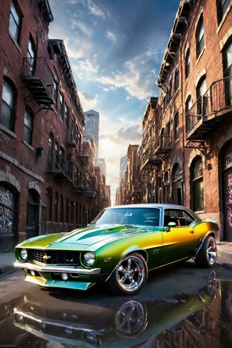 Classic Camaro SS car with chameleon paint high impact details, wide shiny steel rims wide tires,,  urban background 2080epic, Multiple views, Wide angle, Rays of God, surrealism, 