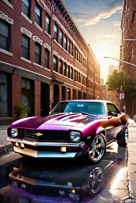 Classic Camaro SS car with chameleon paint high impact details, wide shiny steel rims wide tires,,  urban background 2080epic, Multiple views, Wide angle, Rays of God, surrealism, 