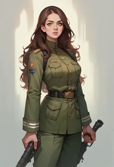 Military woman with green eyes and brown hair High resolution, long hair, realistic