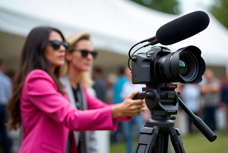 lThe image shows a Canon DSLR camera mounted on a tripod with a microphone attached to it. The camera is facing towards the right side of the image and appears to be in the process of being filmed. In the background, there is a woman wearing a pink blazer ...