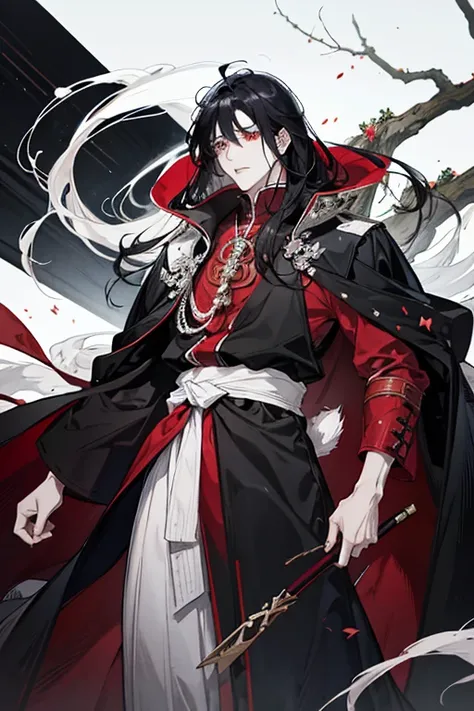 Anime character with black hair and white horse, loose hair and long clothes, red eyes with developing wind red cloak, beautiful male god of death, handsome guy in god killer art, portrait myth, Flowing black robe, movie poster 