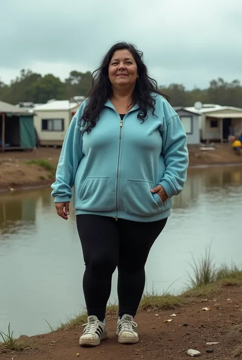 Viviana is a hugely obese 3 Argentine woman, very poor, very overweight, very wide hips and very fat legs, medium height, tanned skin, no makeup and long, wavy black hair. She poses for a photo dressed in a very used and worn light blue fleece fabric, blac...