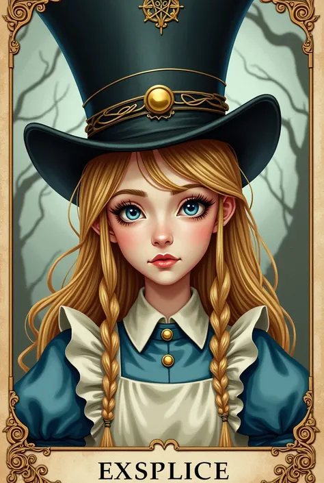 lks73zb1, Alice in Wonderland Tarot Cards, Wearing a top hat, Text ALICE Details, masterpiece, 
 