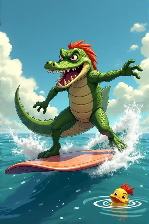 Angry alligator Joe, woodpecker character, surfing in the sea behind, while a chick is drowning