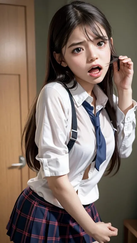 Beautiful innocent schoolgirl in disheveled clothes screaming with her mouth open in shame:1.2, Vivid and realistic, Face close up, She tries to hide her panties with a mini shirt but it doesn&#39;t cover them, Being molested by a horny middle-aged man:1.3...