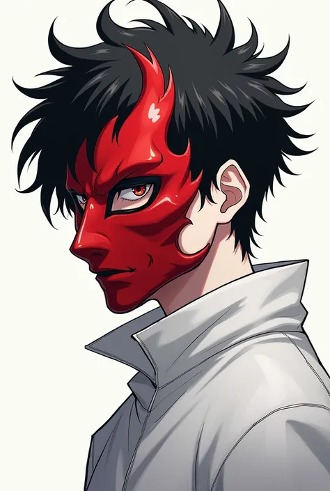 Crazy anime character, white-skinned young man, Black hair, red mask and white clothes