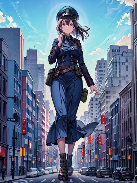 ((Giant girl in military uniform)) (((Giant girl walking between buildings)))
Navy blue military uniform, military cap, military sword, handgun, long skirt, medals on the shoulders
Composition seen from below Blue sky, thunderclouds, sunlight, masterpiece ...