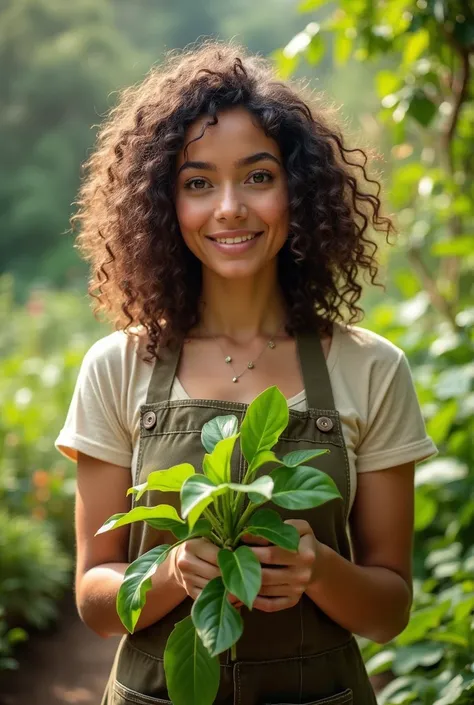 A Brazilian woman in a garden wearing an apron and holding a plant, image focusing on your face 