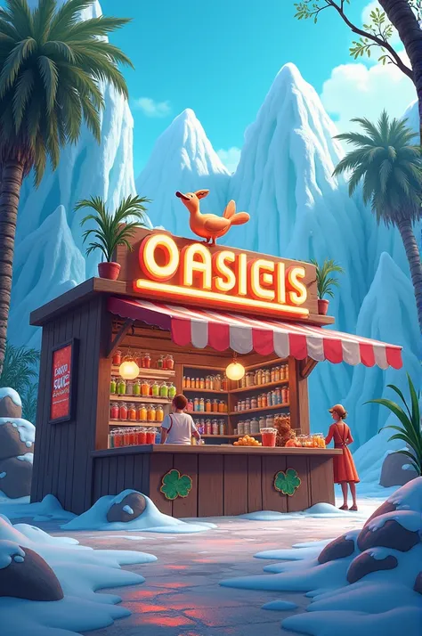 







Create an image with the following characteristics: Oasis world logo selling juices and smoothies , bottom: Cold and icy atmosphere , Activity: Sale of juices and smoothies , Image quality: HD , aspect ratio: 5:4, Emotional state: Surprise, energy:...