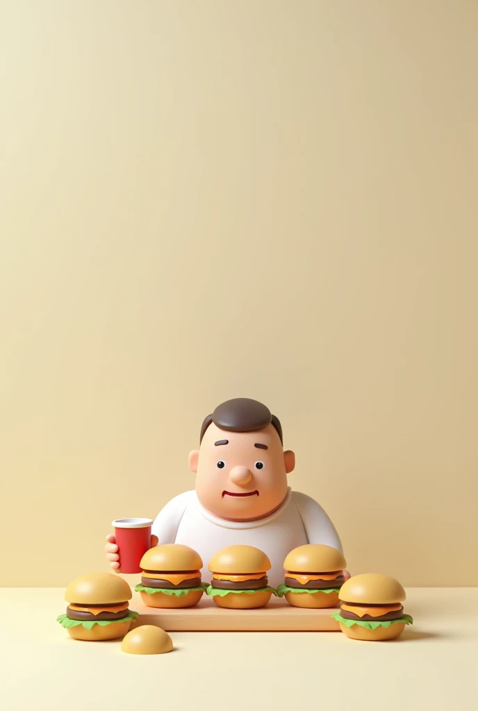 3D animation style, minimalist image, minimalist man eating many hamburgers lined up on a table, holding a cola in one hand, a hilarious scene of a minimalist who seems contradictory but is devoted to what he likes