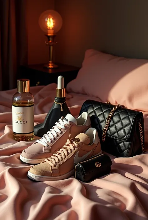 Gucci bag, chanel perfume, red nike air jordan, sexy black lingerie and iphone box on bed