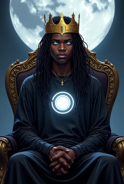 African teenage male with dreads and white eyes with black dreads and gold crown with white circle on his chest and wearing all black and sitting on a dark thrown on the moon marvel comic panel 