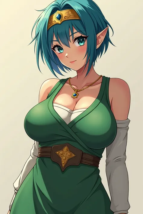 a thicc fit anime girl, short blue pixie haircut, dark green eyes, large breasts, cosplaying princess zelda