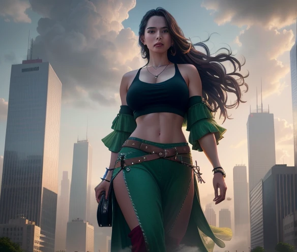 girl in oversized hippie style clothes, crop top, wide pants, athletic muscular figure, walking through busy futuristic city, towering skyscrapers, smoke and clouds swirling around, dramatic dark moody lighting, low angle perspective emphasizing massive sc...