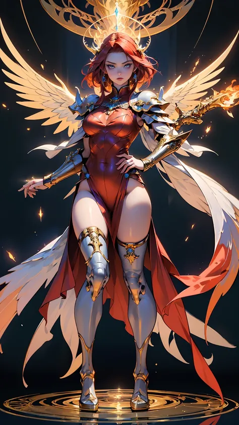 (((masterpiece, best quality, high detailed, 16k))) (1girl) A powerfully majestic woman with short, fiery red hair and intense blue eyes. She wears a shining golden armor adorned with celestial engravings. Her large, white wings are edged with gold, and sh...