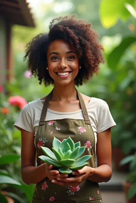 Lu type image of magalu with Brazilian appearance in a garden wearing an apron and holding a succulent, image focusing on your face 