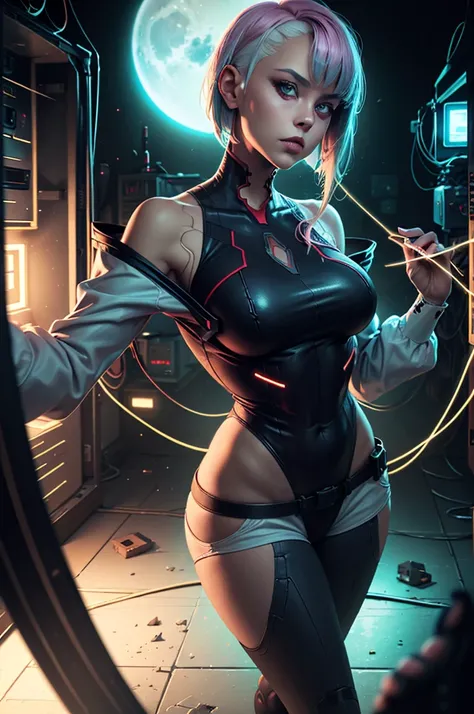 very slim female in buzz cut hairstyle hacker, in Leather Cooling Jumpsuit with glowing with white light Vertical Stitching wires, Xtreme, breasts, medium breasts, open vest, dirt on her clothes and face, black costume, dramatic lighting, realistic colors,...