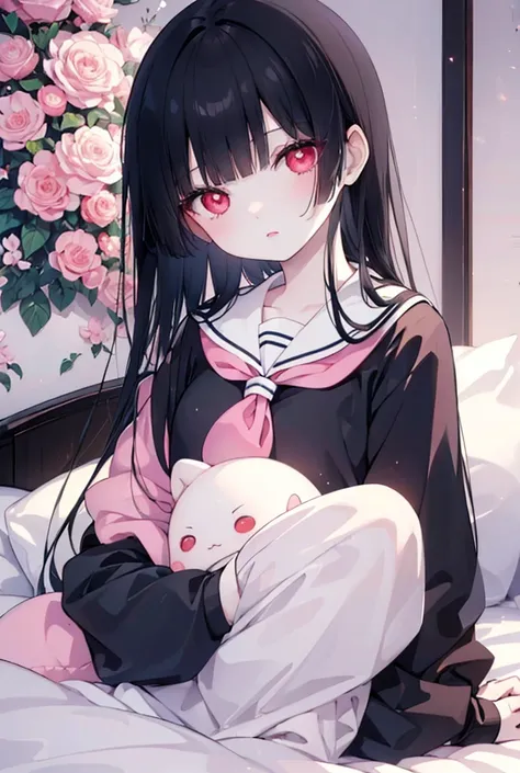 (Masterpiece)、Best Quality、Highest quality、High resolution、Very detailed、Glowing Skin、Bright highlights on eyes、Blushing、Black Hair、Pink Lips、Sailor suit、Red Eyes、Cute eyes、(whole body;１.2)、bed