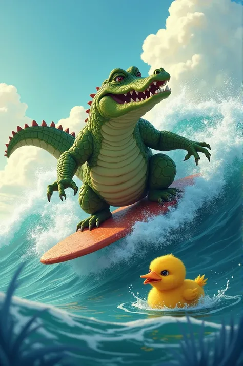 angry alligator, surfing in the sea, while a sad little chick is drowning