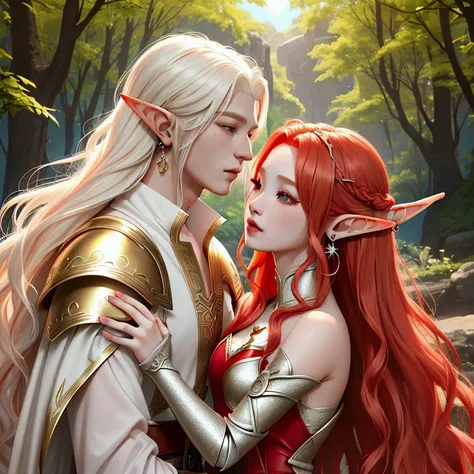 close up shot of an English woman with long wavy bright red hair posing with a cute baby faced Korean guy with shoulder length platinum white blonde hair, photoshopped image, bright, HD, detailed outfit, professional photography, small earrings, unique fan...