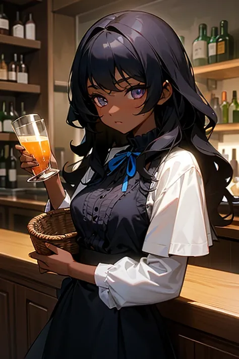 Dark skinned girl with wavy black hair、Goth、Have a basket、Tight eyes、Small breasts、Drinking at a bar、European style、Blue ribbon