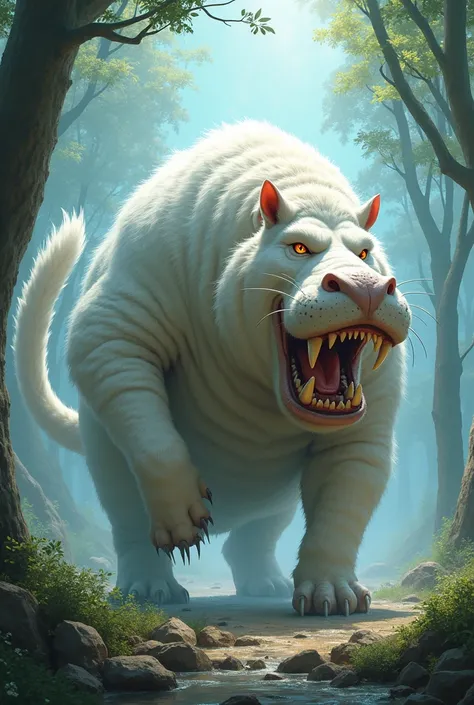 Fusion of a white fur cat with a hippopotamus  ,o Forming an evolved and very strong animal with superpowers 