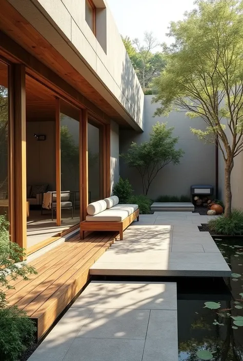 a view of a wooden deck with a planter and a bench, outdoor design, with a fishpond and courtyard, courtyard walkway, tonal colors outdoor, rammed earth courtyard, beautiful terrace, with walkways, plants and patio, beautiful aesthetic design, beautiful de...