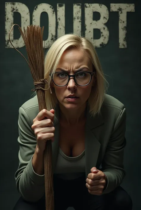 An angry blonde woman with glasses holding a broom in her hand and the word doubt written on top