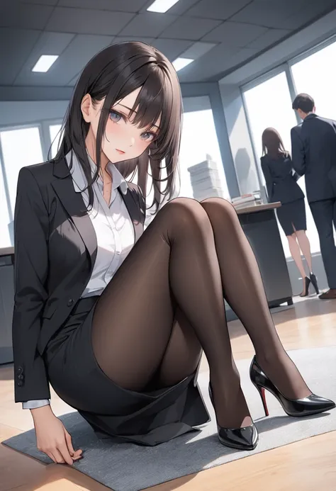 ((Best Quality)), ((masterpiece)), (be familiar with) Perfect Face、Mature beautiful woman、 Sitting、The whole body, even the toes, See the audience at your feet、Looking down、Office Style、business suit、Black jacket、White open shirt、Black knee-length pencil s...