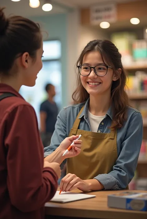 A young customer handing a pen to a store clerk
