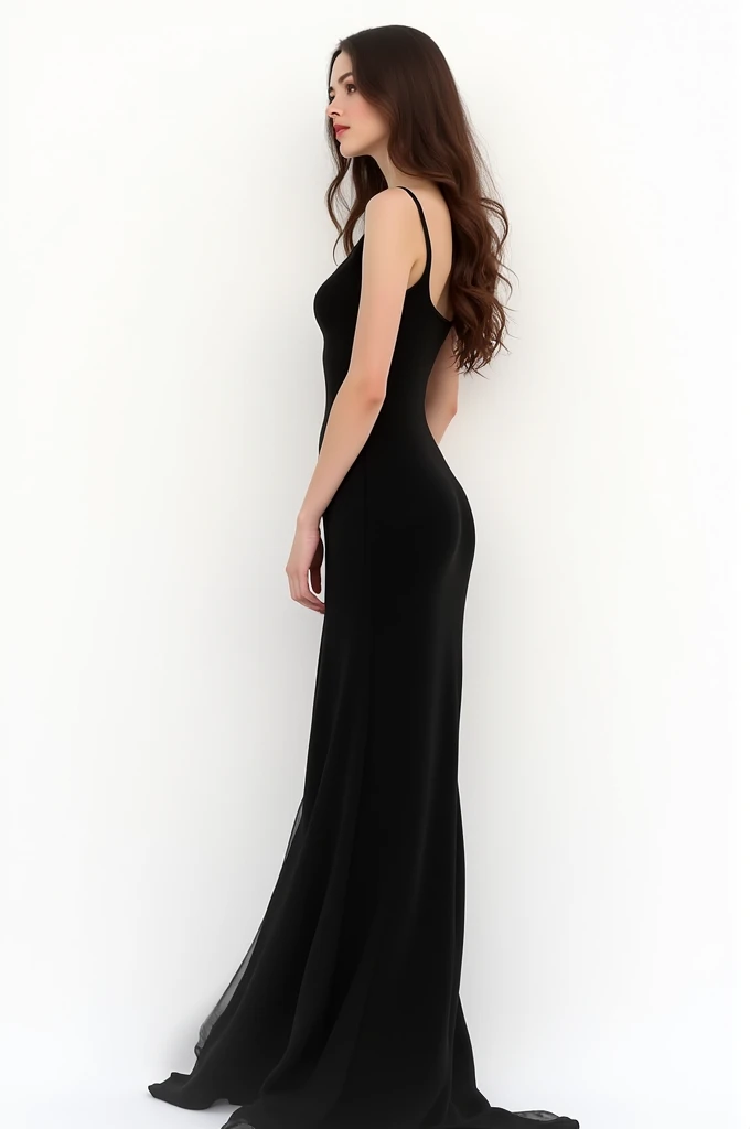 A woman turned from behind with long brown hair wearing a black dress on a white background