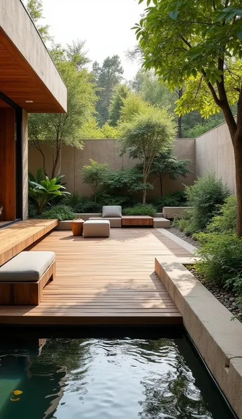 a view of a wooden deck with a planter and a bench, outdoor design, with a fishpond and courtyard, courtyard walkway, tonal colors outdoor, rammed earth courtyard, beautiful terrace, with walkways, plants and patio, beautiful aesthetic design, beautiful de...