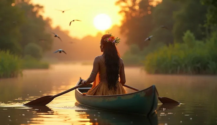 Create a serene scene of a beautiful Indian woman paddling a canoe on a calm lake, surrounded by a lush forest. She must have long, loose hair, adorned with wild flowers, and be dressed in traditional attire that reflects their culture. The soft light of t...