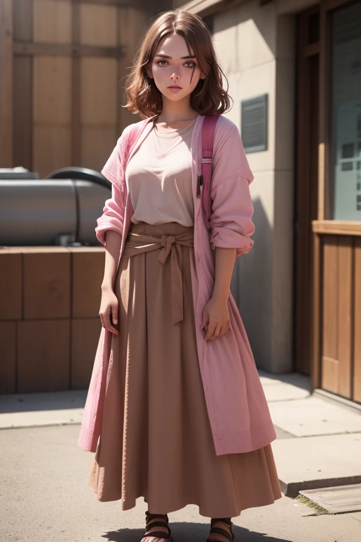 a young caucasian female teenager, looking at the viewer, hazel eyes, extremely detailed, brown hair, pink clothes, intimidating...