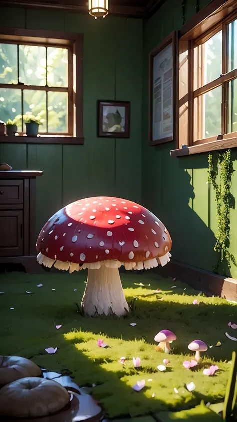 masterpiece, Best Quality, (Highly detailed CG Unity 8k wallpaper), (Best Quality), (Best illustrations), (Best Shadow), Moss-covered mushroom house，Firefly，The room is filled with bright light，petal, Life-size 3D, Octane Rendering,Ray Tracing,Super detail...