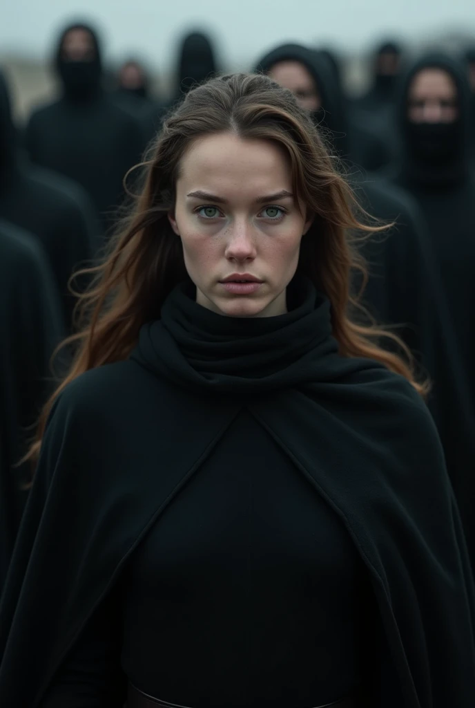 Young woman dressed in black with deep green eyes and long, loose brown hair in front of an army dressed in black(realistic)Textured skin, High details, very detailed, 