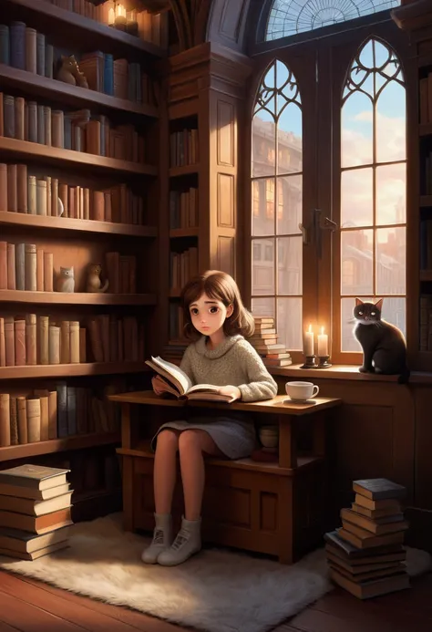 A girl with big expressive eyes, sitting in a cozy corner of an old library, surrounded by bookshelves, with a cup of hot chocolate next to her and a cat sleeping on her lap.