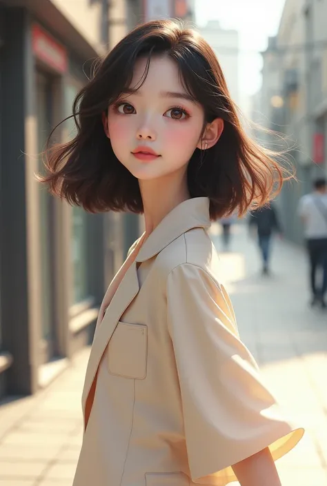 Selfie Style。Young fair-skinned Japanese woman。Medium long hair。Slightly curly hair。Selfie style。Walking。