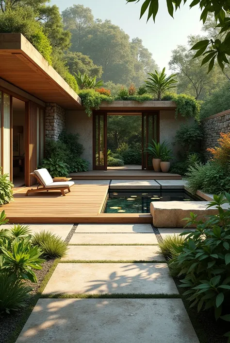 a view of a wooden deck with a planter and a bench, outdoor design, with a fishpond and courtyard, courtyard walkway, tonal colors outdoor, rammed earth courtyard, beautiful terrace, with walkways, plants and patio, beautiful aesthetic design, beautiful de...