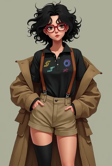 Woman with curly black hair,reading style prescription glasses, light brown eyes, roasted fine. Wear a black polo shirt with neon shapes (80&#39;s style) with light brown shorts and dark brown suspenders/ red. Black socks up to the knee. Light brown men&#3...