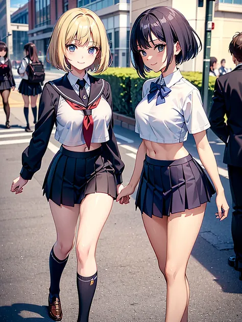 masterpiece, best quality, ultra detailed, ultra high resolution, very detailed face, ((anime)), (((slanting view))), (((2women))), ((tall)), ((school uniform, croptop, very short skirt)), (medium breast), (six pack abs:1.12), ((little smile)), walking in ...