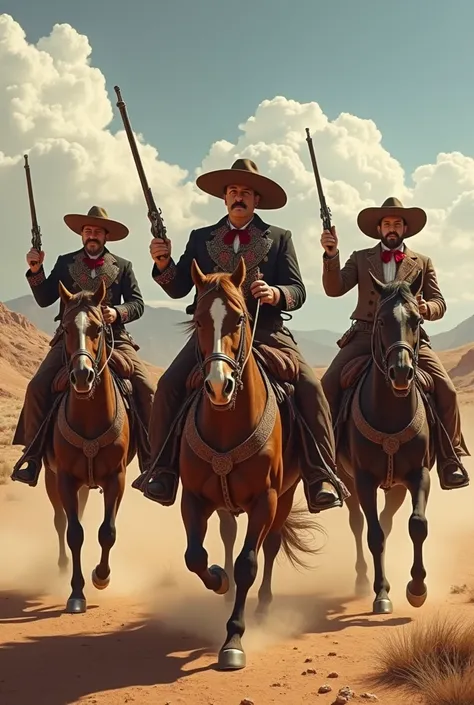 Mexican men on horseback with guns and Mexican charro hats from the 1900s