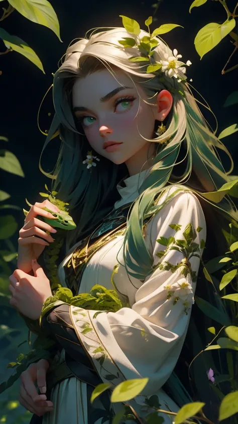 beautiful young girl, dark long hair, white flowers are woven into the hair, green eyes, dark green dress, snake, girl holding a snake, vines on the background, 8k, high detailed, high realism, dark fantasy art