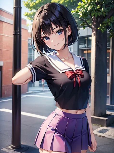 masterpiece, best quality, ultra detailed, ultra high resolution, very detailed face, ((anime)), (((slanting view))), (((upper body only))), (((2women))), ((tall)), ((school uniform, croptop, very short skirt)), (medium breast), (six pack abs:1.12), ((litt...