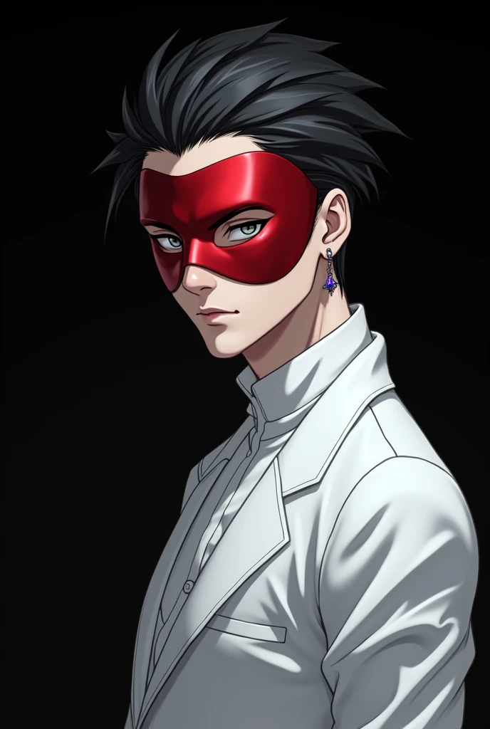 Anime character with crazy features, white-skinned young man, black hair slicked back, red masquerade mask and white outfit on a black background