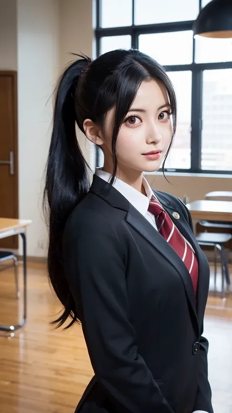 "High-quality, realistic portrayal of Momo Yaoyorozu from My Hero Academia in her UA High School uniform. She has long black hair styled in a high, voluminous ponytail, with her hair fanned out dramatically, emphasizing her confident and composed expressio...