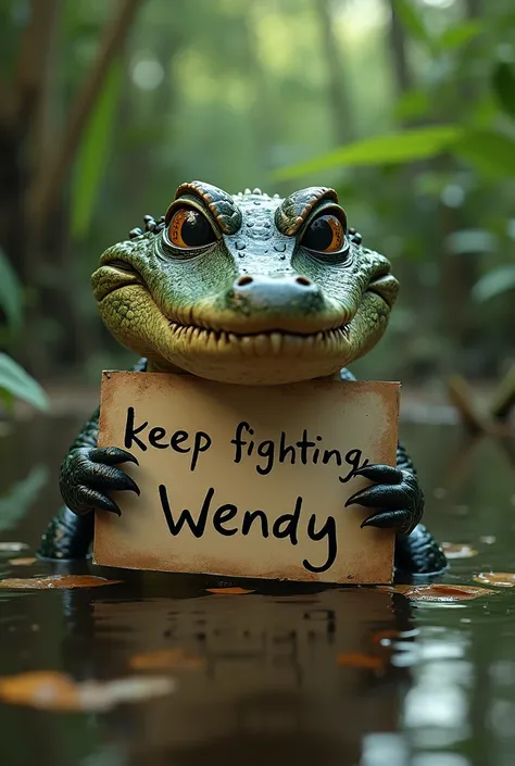 Photo realistic. Swamp, baby alligator. Smiling, beautiful eyes. Holding a handwritten Sign with the words, "Keep Fighting, Wendy"