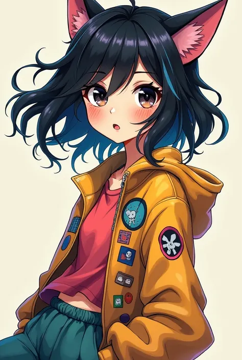 Character with black hair and colored highlights, black eyes and freckles. U clothing.A, anime style