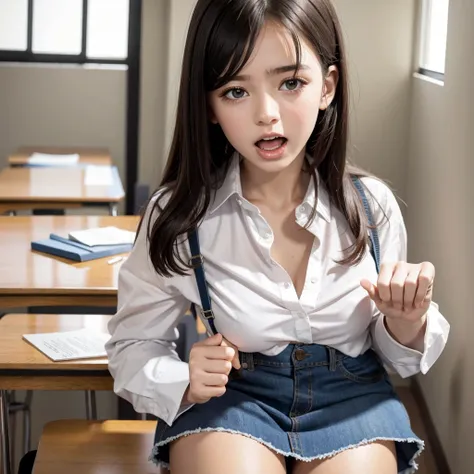 beautiful innocent schoolgirl in disheveled clothes screaming with her mouth open in shame:1.2, vivid and realistic, while i was...